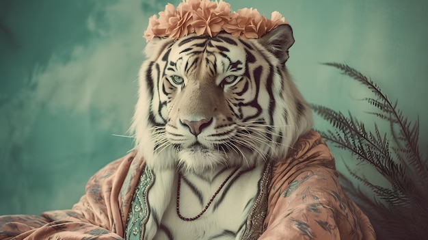 A tiger wearing a flower crown sits on a blue background.