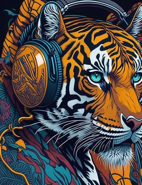 Photo tiger wearing headphones colorfulgenerative ai