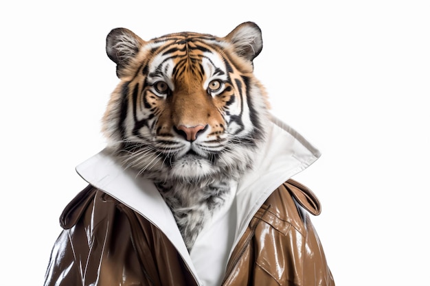 a tiger wearing a jacket and a hood