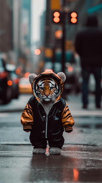 A tiger wearing a jacket with a hood that says'tiger'on it