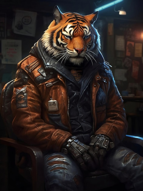 Photo a tiger wearing a leather jacket sits in a chair.