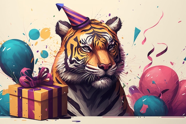 A tiger wearing a party hat next to a gift box and a gift