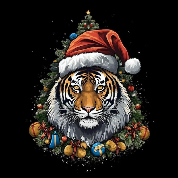 A tiger wearing a santa hat and christmas tree