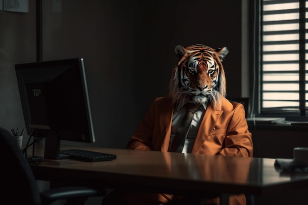 A tiger wearing a suit sits at a desk in front of a computer screen.