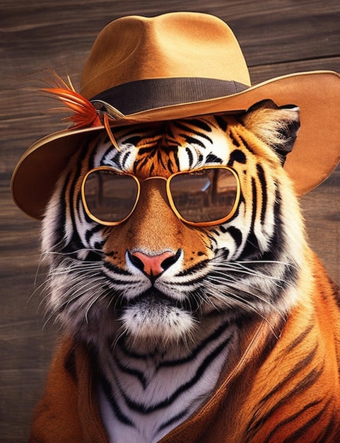 Foto tigre con gli occhiali da sole e un cappello da cowboy in testa