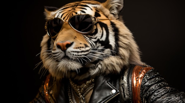 A tiger wearing sunglasses and leather jacket