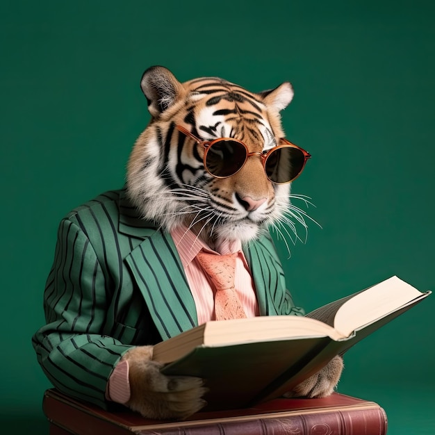 A tiger wearing sunglasses and a suit reading a book Generative Ai