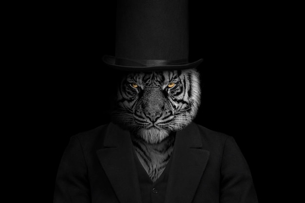 A tiger wearing a top hat and top hat.