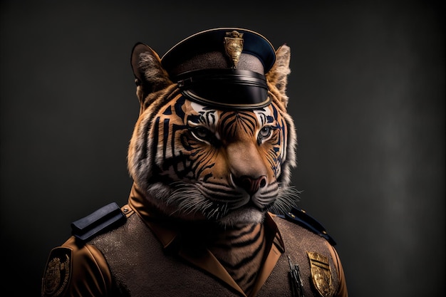 A tiger wearing a uniform police