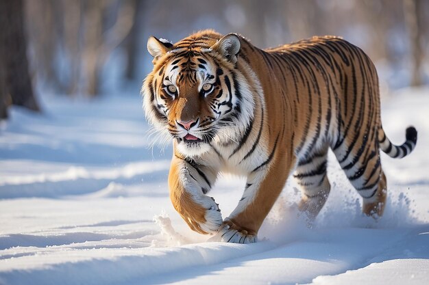 Photo tiger in wild winter nature amur tiger running in the snow action wildlife scene with danger animal cold winter in tajga russia