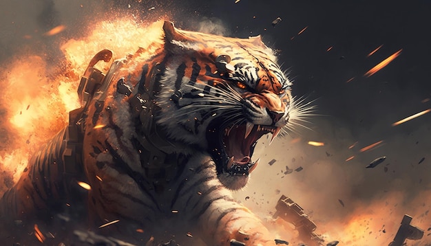 Tiger wildcat eyes circus tiger tiger eye smoke face Ai generated art