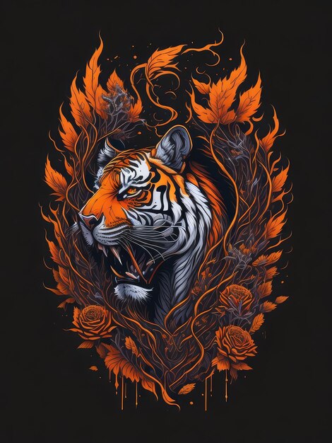 A tiger with a black background and a black background with orange flowers.