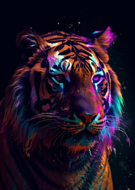 A tiger with a black background and a blue background.