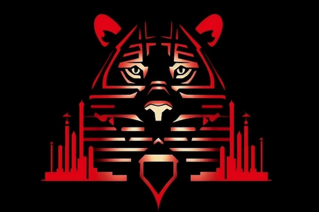 A tiger with a black background and a city in the background.