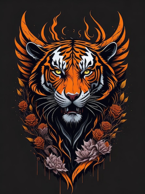 Тигр с черным фоном и цветочным узором на нем.