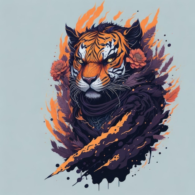 A tiger with a black hood and orange flowers on it.