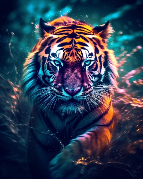 A tiger with a blue eye on a blue background