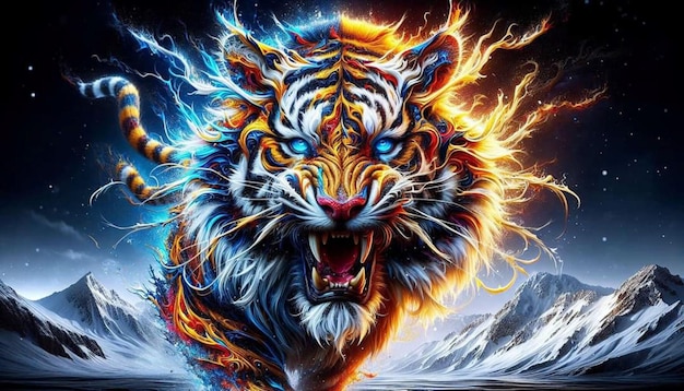 a tiger with a blue eye and a yellow background