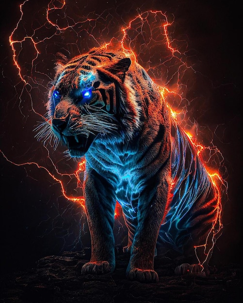 A tiger with blue eyes and a black background with lightning.