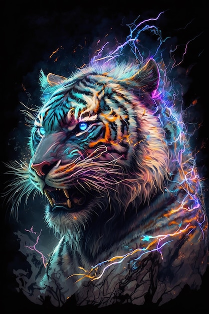 Photo a tiger with blue eyes and a black background