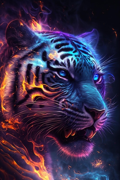 A tiger with blue eyes and glowing eyes