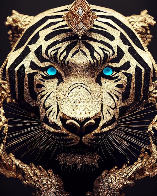 A tiger with blue eyes and a gold tiger on the face