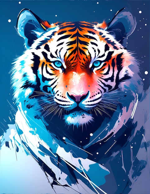 A tiger with blue eyes is on a blue background