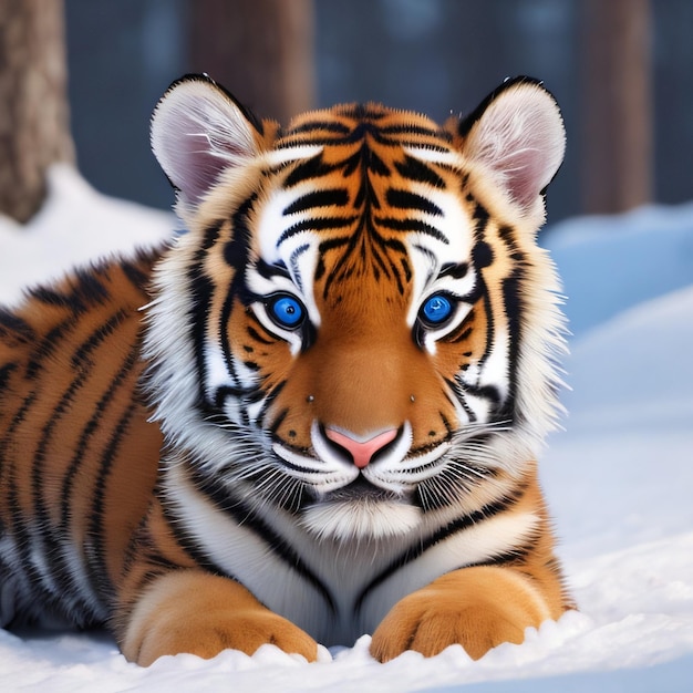 A tiger with blue eyes is laying in the snow.