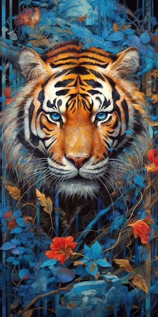 A tiger with blue eyes is in the picture.