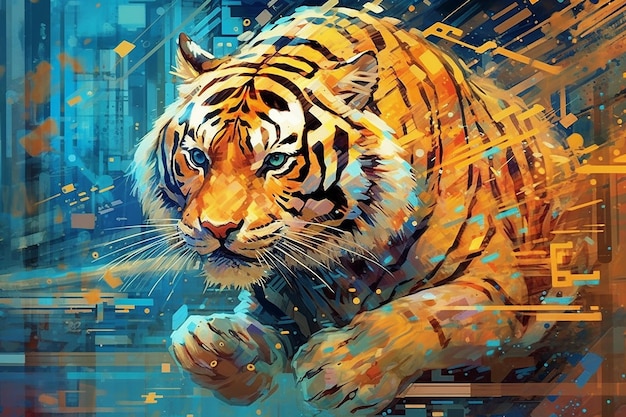 A tiger with blue eyes is standing on a blue background