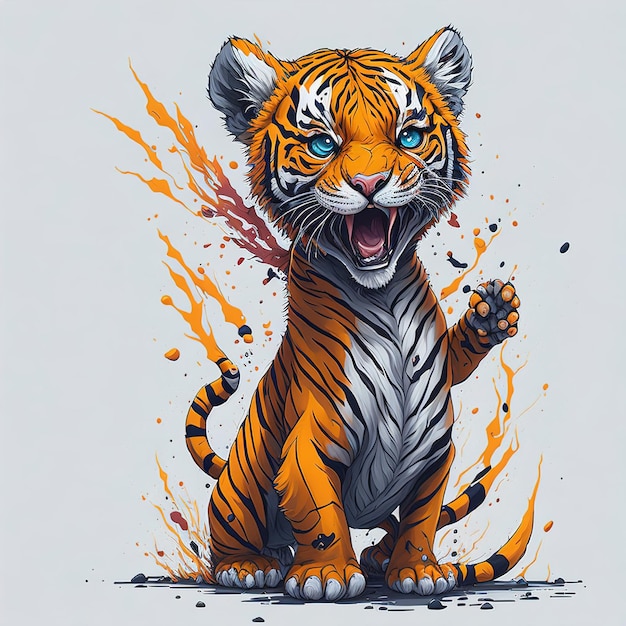 A tiger with blue eyes is standing on a white background with orange paint splatters.