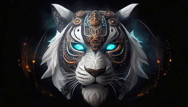 a tiger with a blue eyes and a mask that says quot the name of the tiger quot