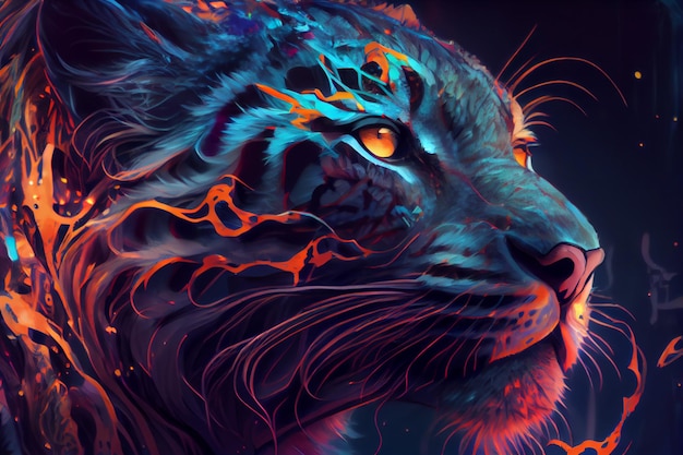 A tiger with blue eyes and orange flames on the face