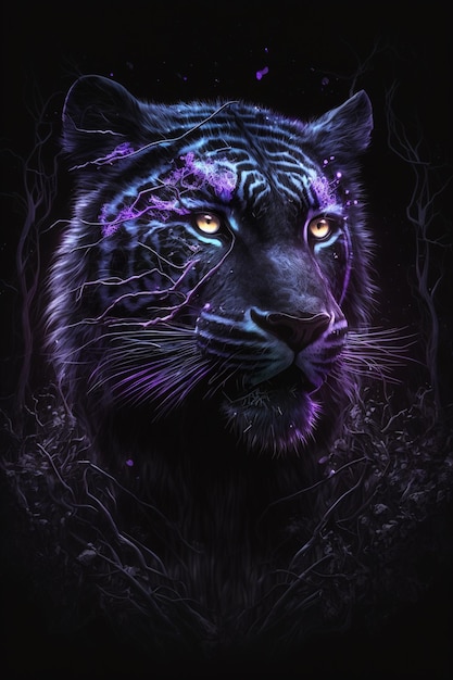 A tiger with blue eyes and a purple light on the face