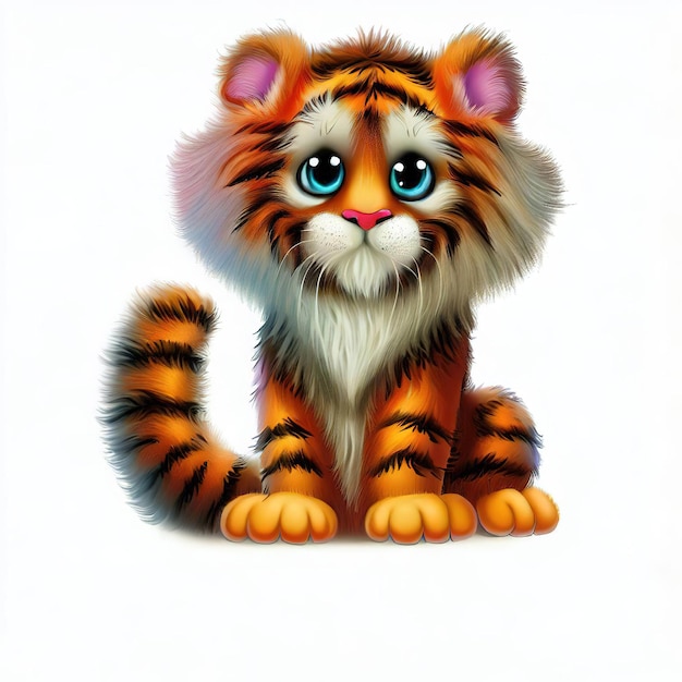 A tiger with blue eyes sits on a white background.