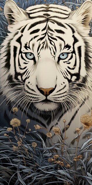 a tiger with a blue eyes and a white tiger on the front