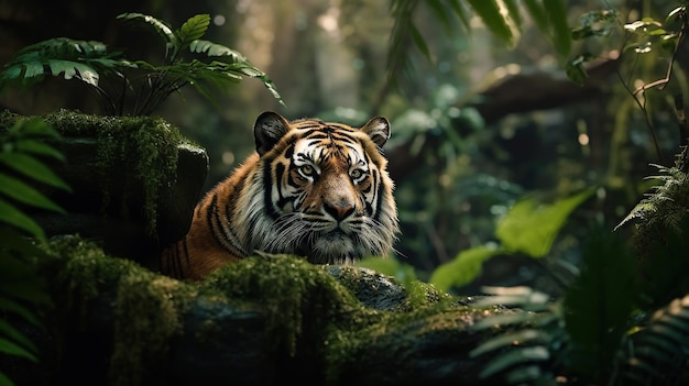 A tiger with a bow on its neck sits in a jungle Generative AI