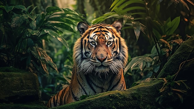 A tiger with a bow on its neck sits in a jungle Generative AI