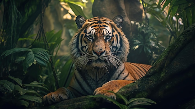 A tiger with a bow on its neck sits in a jungle Generative AI