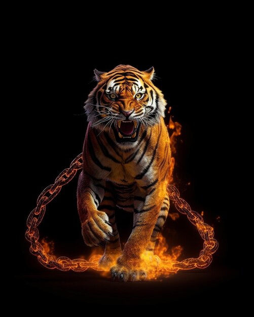 A tiger with a chain around its mouth is shown with flames on it.