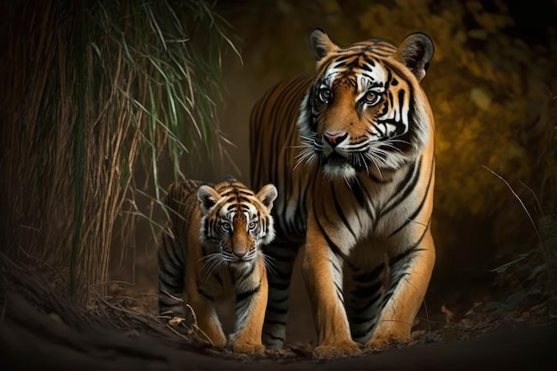 Тигр с детенышем в естественной среде Генеративный ИИ