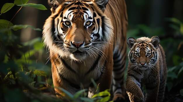 Tiger with cub walking in green nature