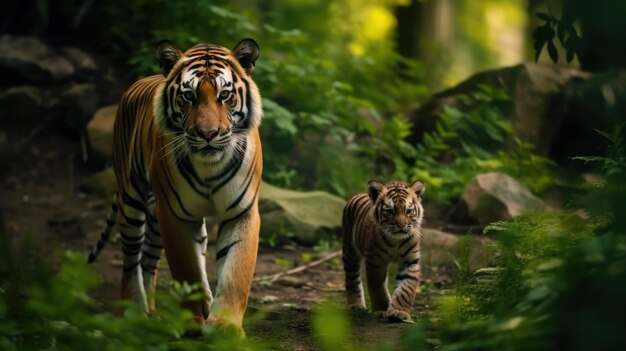 Foto tigre con il cucciolo che cammina nella natura verde