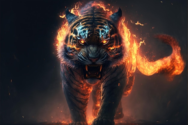 Tiger with fire coming out of its mouth generative ai