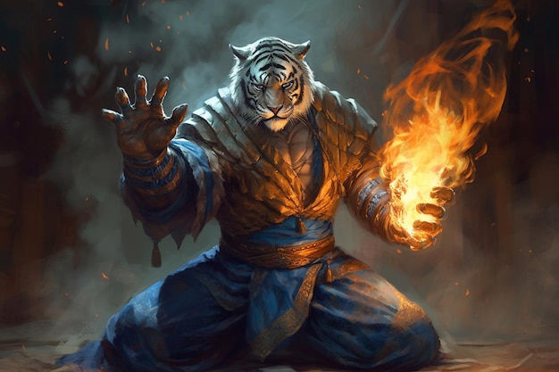 A tiger with a fireball on his chest