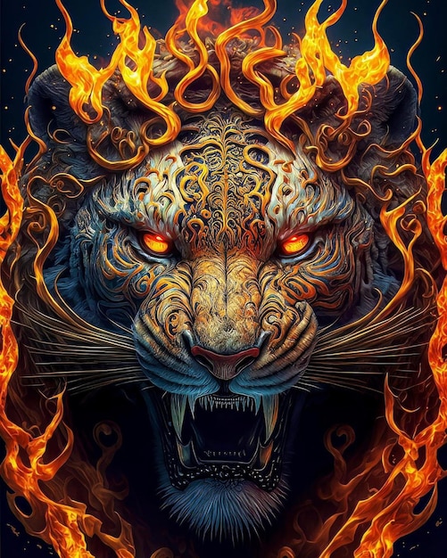 A tiger with flames on his face and the word fire on the front.