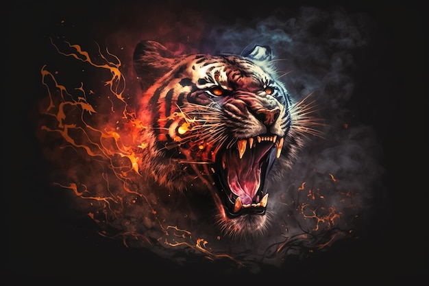 A tiger with flames on his face