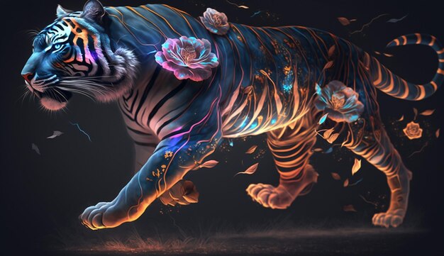 A tiger with flowers on its head