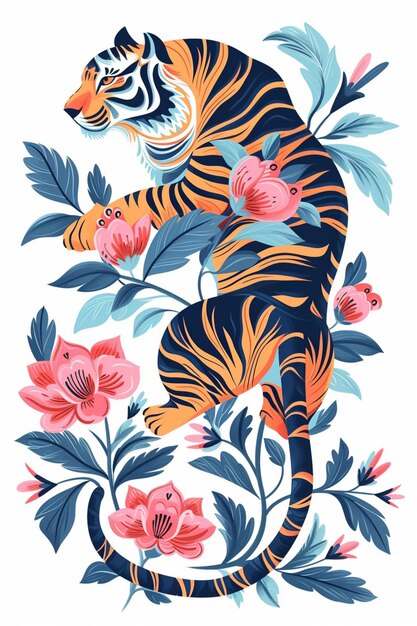 tiger with flowers and leaves on a white background generative ai