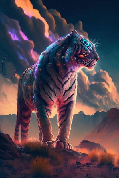 A tiger with a glowing eye and a blue eye.